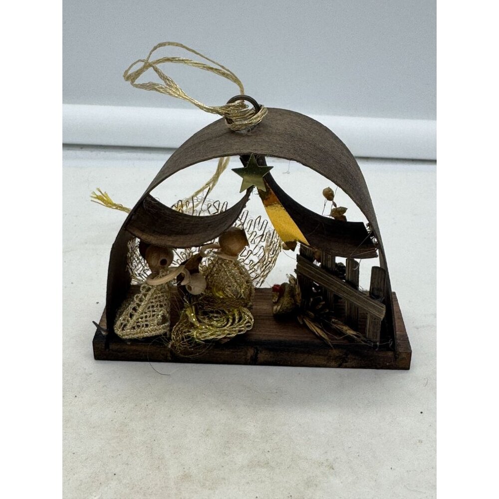 Vintage Nativity Scene Christmas Ornament Wood Bark